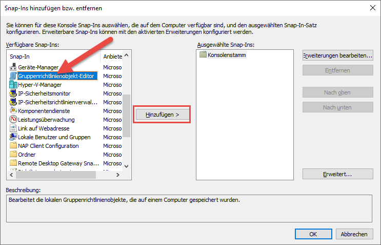 Snap-In "Gruppenrichtlinienobjekt-Editor" auswählen und hinzufügen